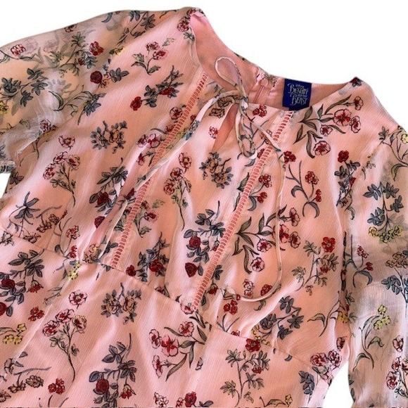 Disney Beauty and The Beast Belle Floral Print Dress‎ Bell Sleeve Pink Mini Sz L - Picture 5 of 16